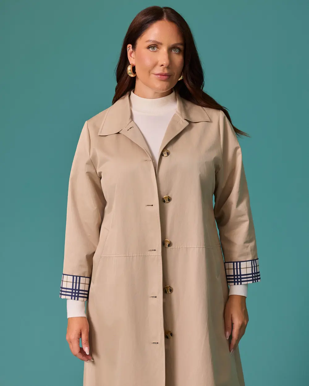 Plus-Size Checkered Lined Hooded Button-Front Trench Coat