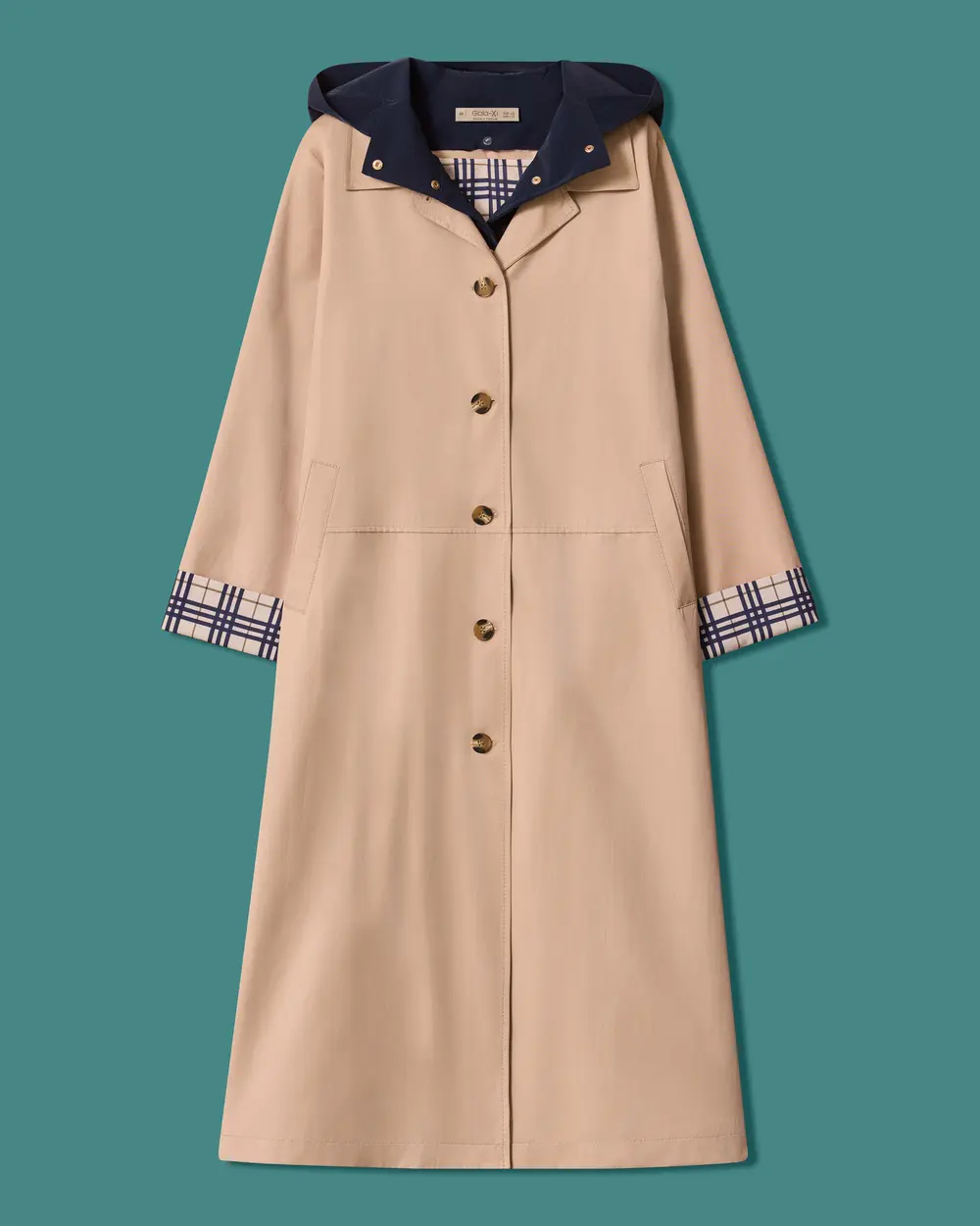 Plus-Size Checkered Lined Hooded Button-Front Trench Coat