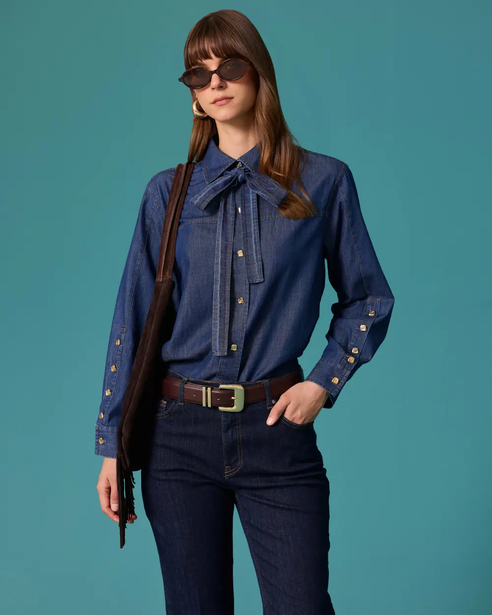 Fular Yaka Metal Düğmeli Denim Gömlek