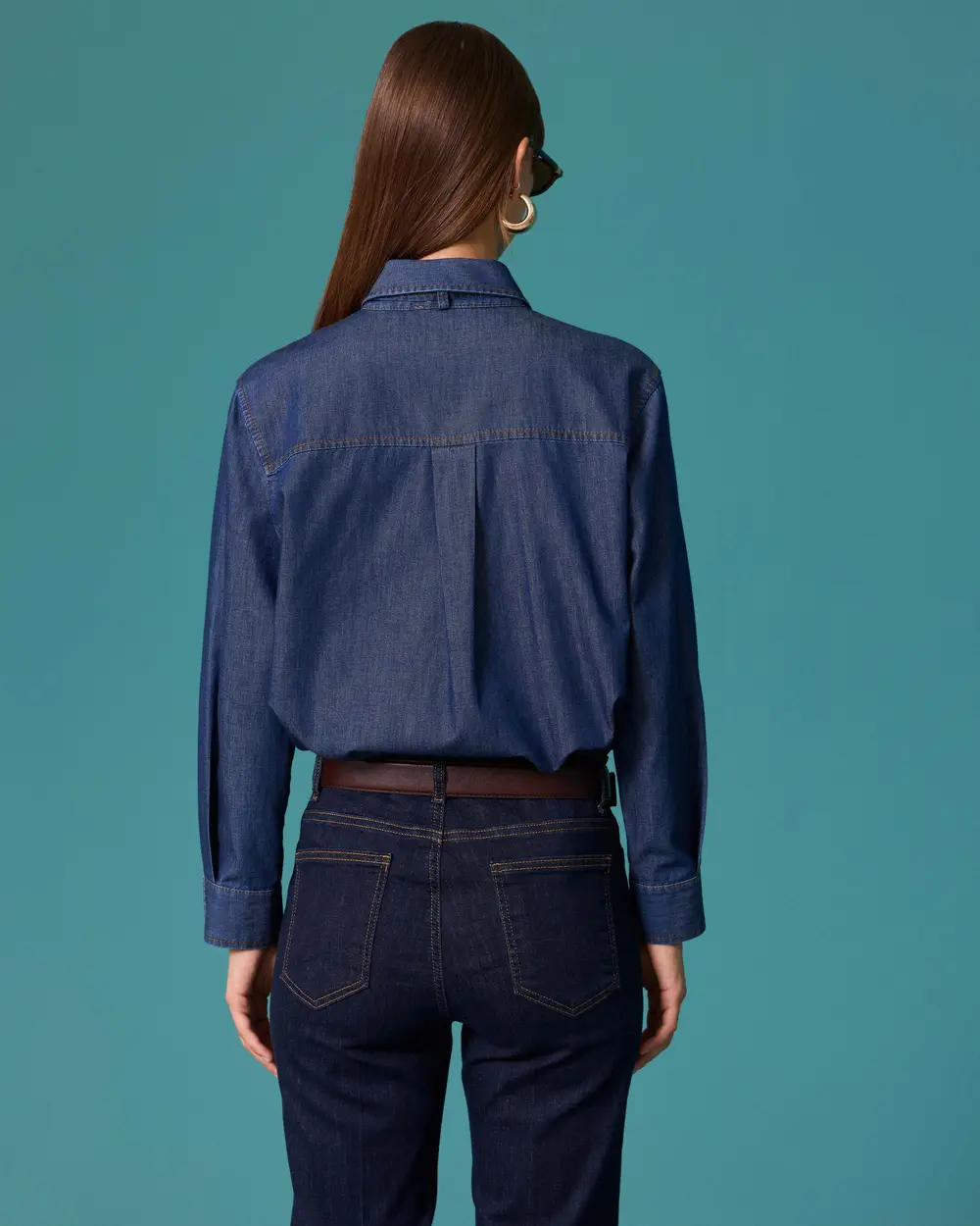 Fular Yaka Metal Düğmeli Denim Gömlek