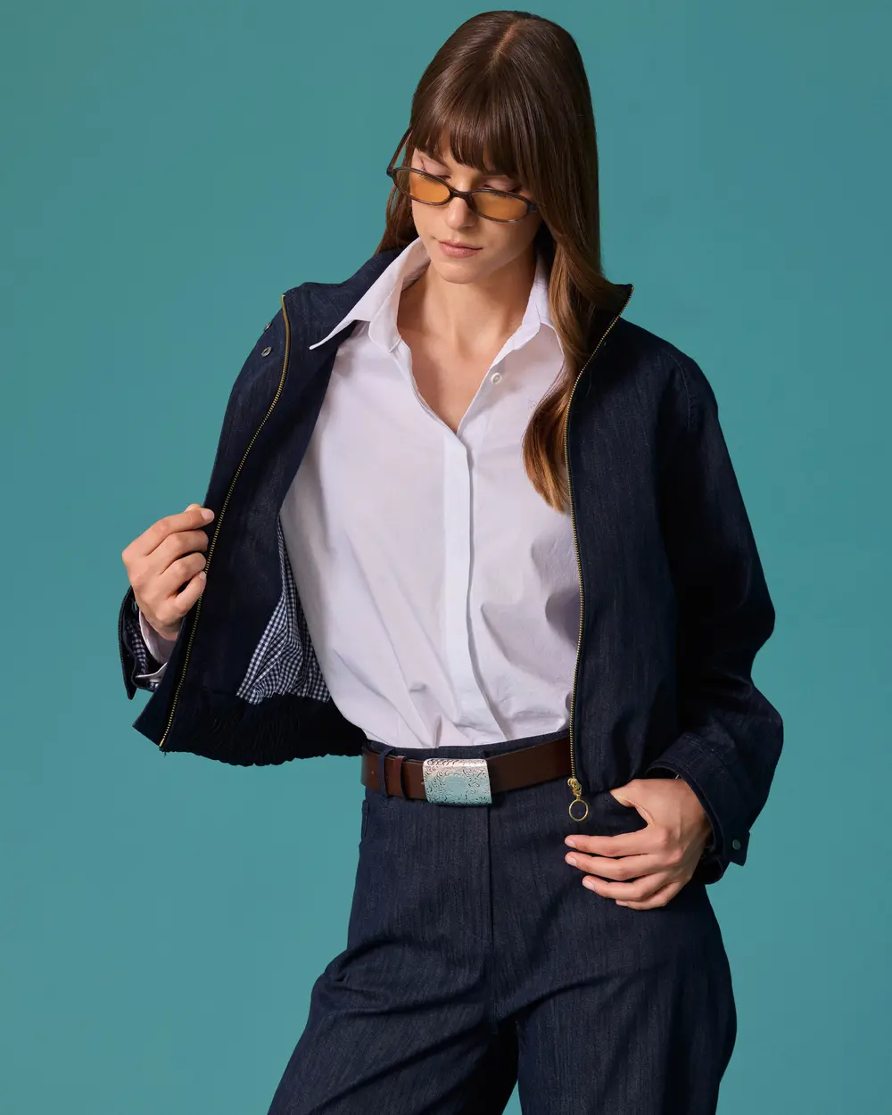 Dik Yaka Fermuarlı Denim Ceket
