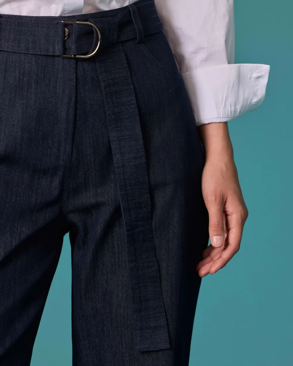 High-Waisted, Belted, Wide-Leg Denim Pants