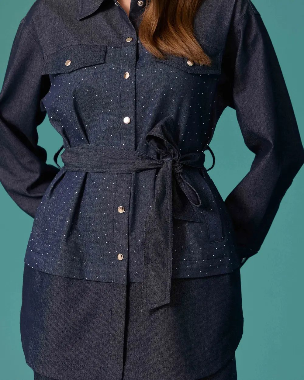 Taş Detaylı Kemerli Denim Ceket