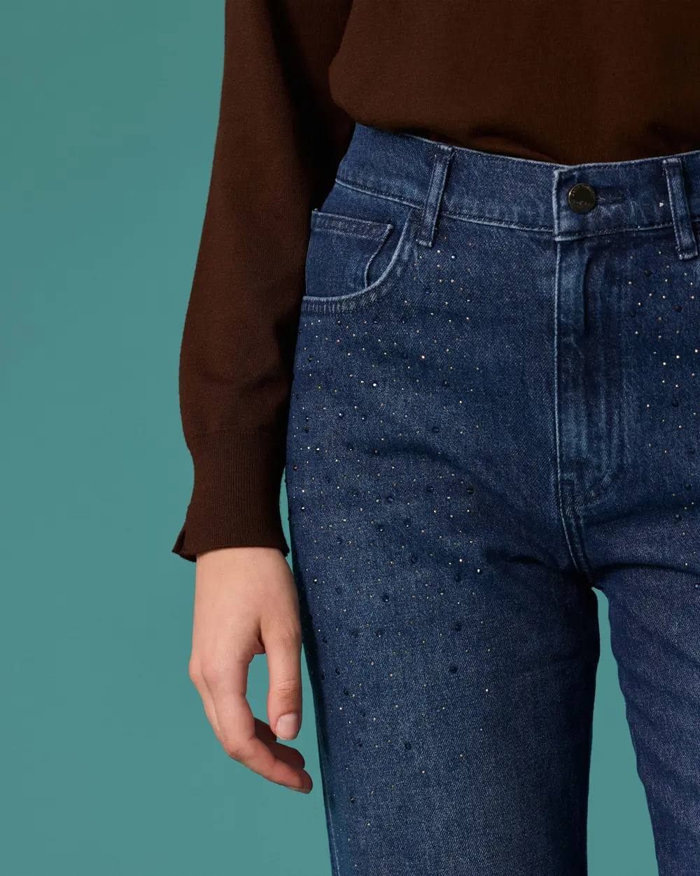 Taş Detaylı İspanyol Paça Denim Pantolon