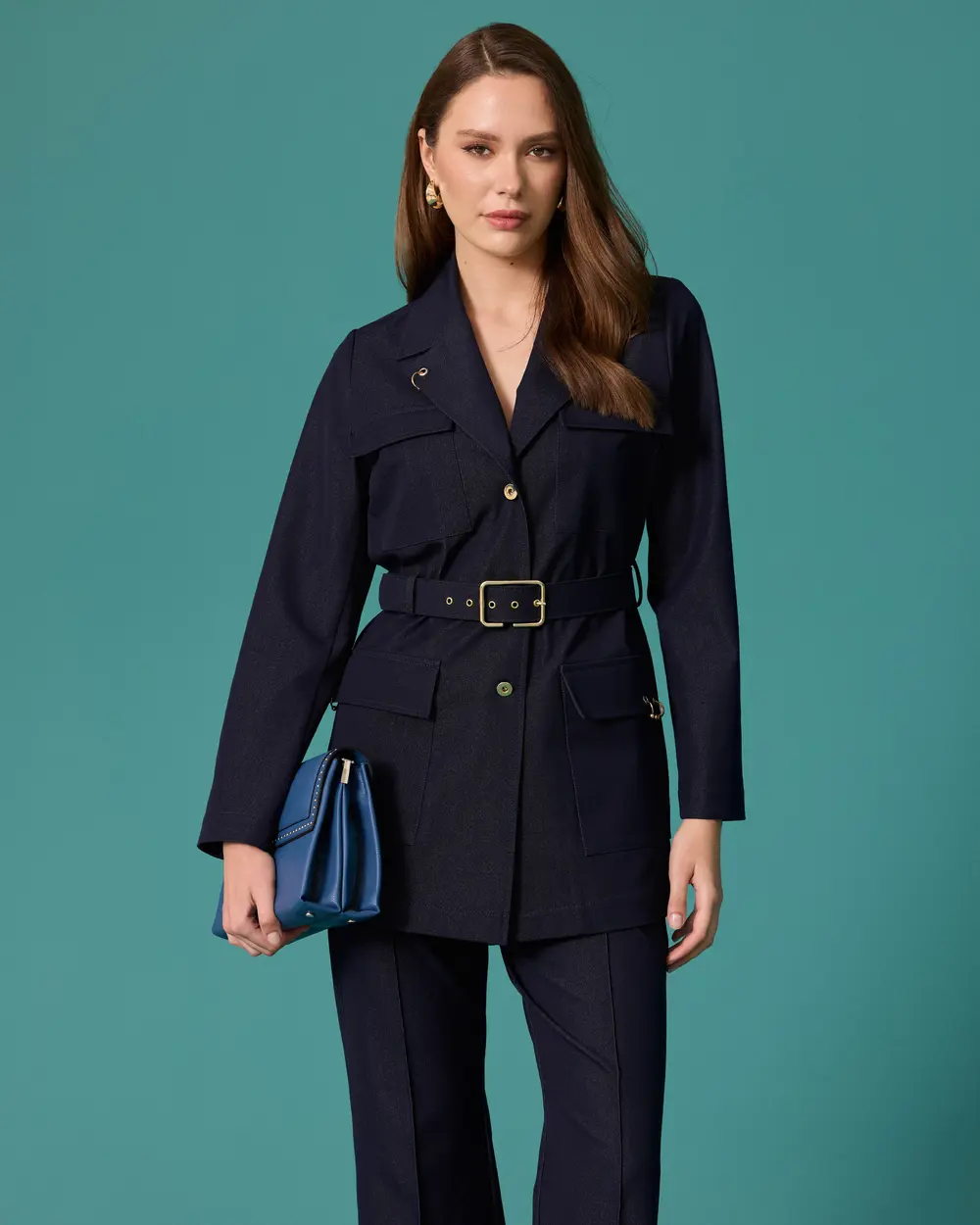 Kemerli Cep Detaylı Uzun Blazer Ceket