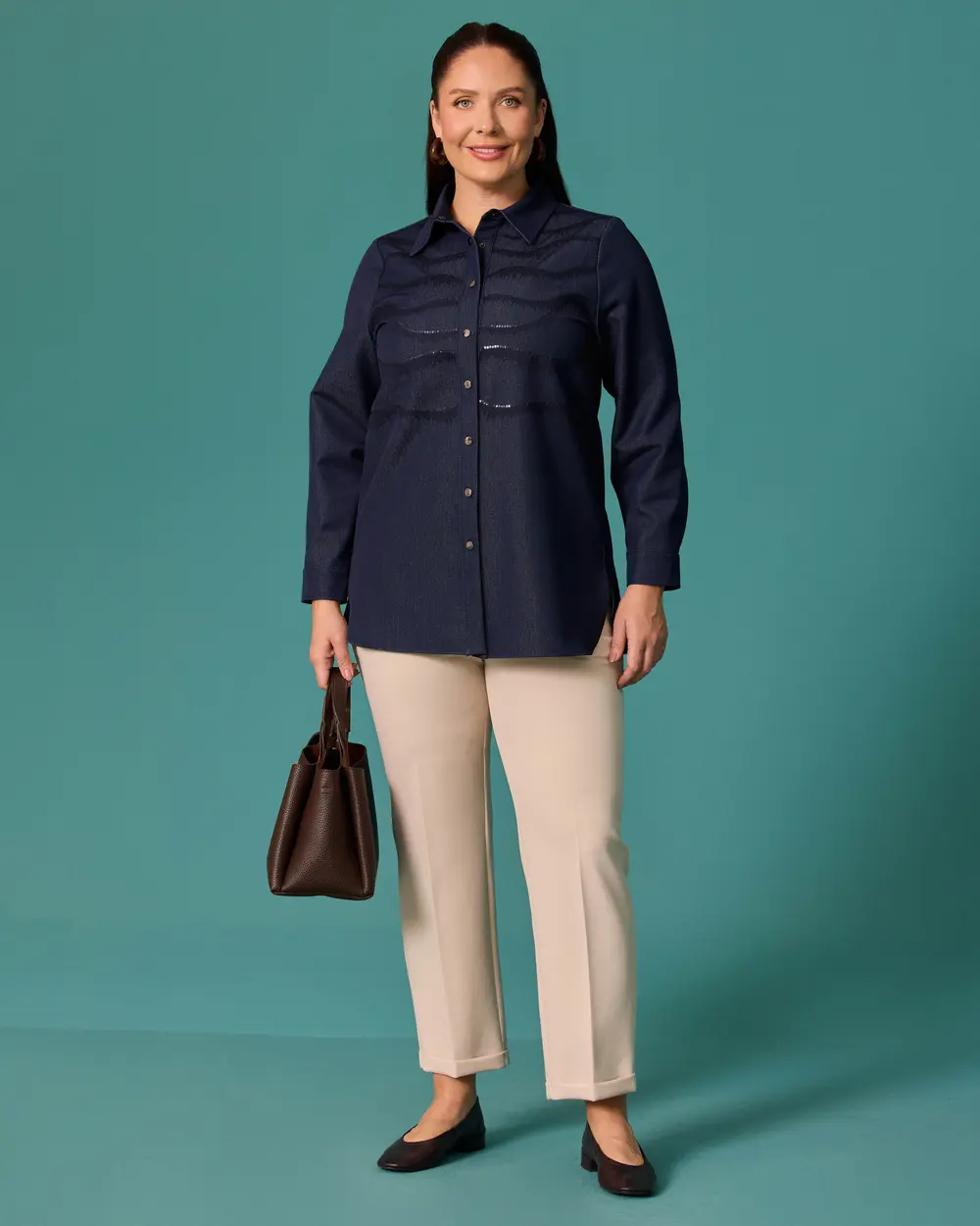 Plus-Size Button-Down Shirt with Sequin Trim