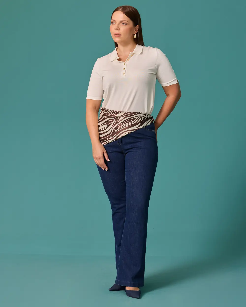 Büyük Beden Yüksek Bel İspanyol Paça Denim Pantolon