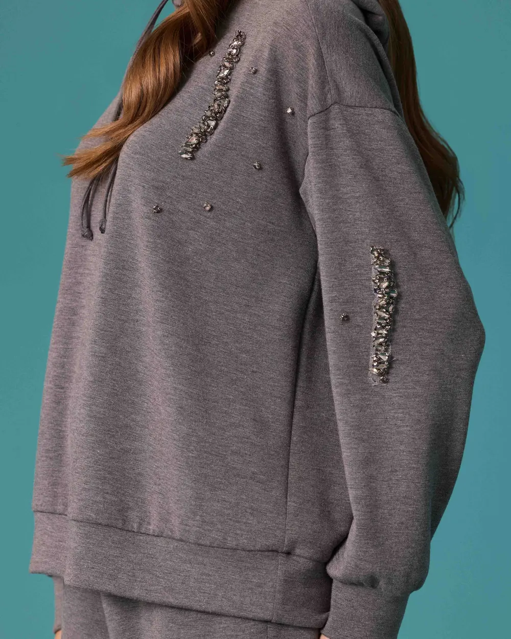 Stone-Embellished Hooded Sweatshirt