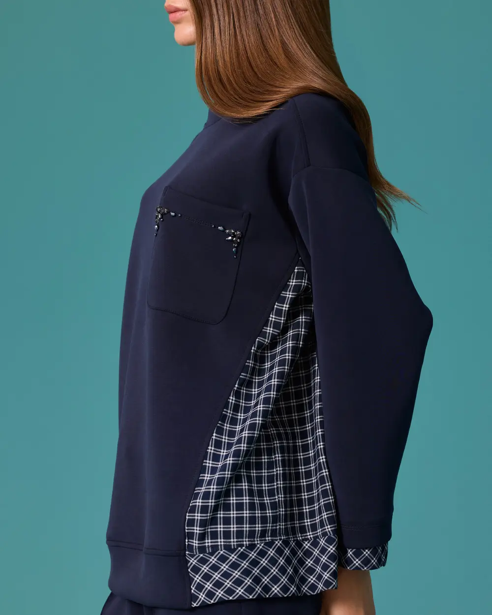 Ekose Garnili Taş Cep Detaylı Sweatshirt