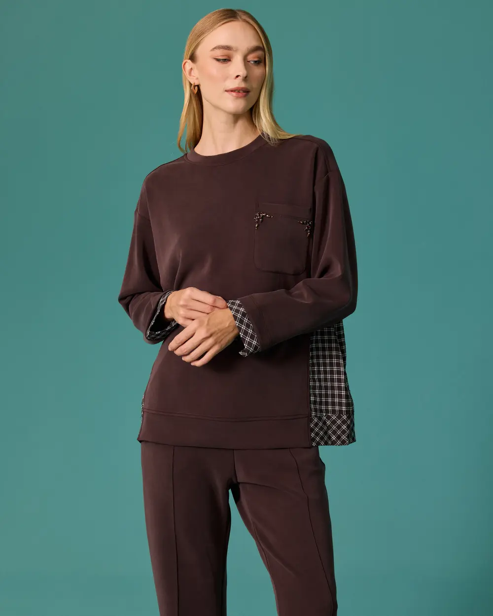 Sweatshirt with Plaid Trim and Stone-Washed Pocket Detail