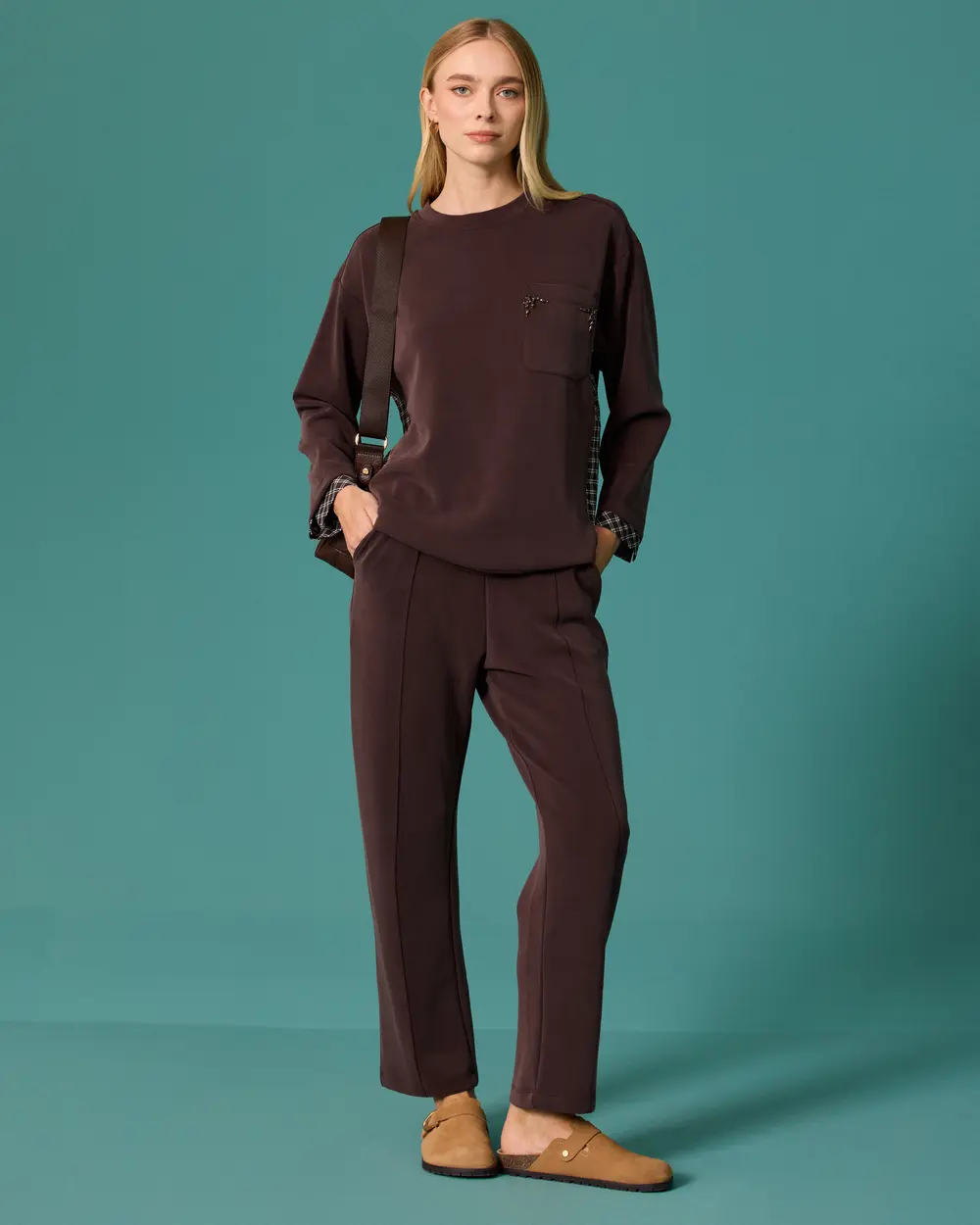Sweatshirt with Plaid Trim and Stone-Washed Pocket Detail