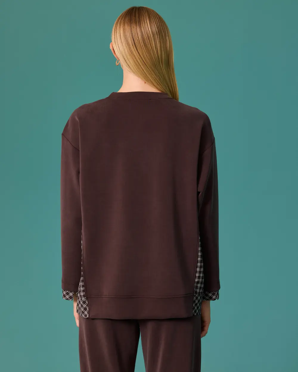 Sweatshirt with Plaid Trim and Stone-Washed Pocket Detail