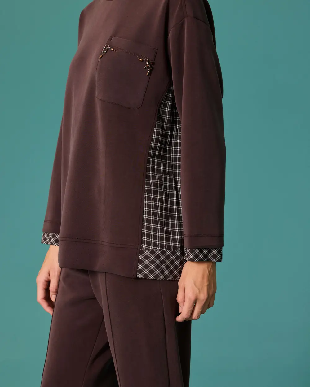 Sweatshirt with Plaid Trim and Stone-Washed Pocket Detail