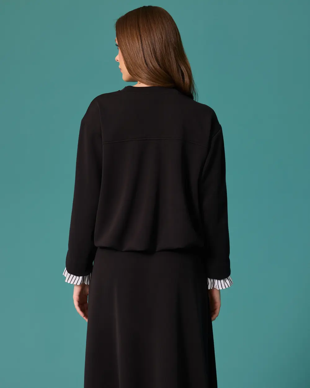 Çizgili Gömlek Detaylı Bisiklet Yaka Sweatshirt