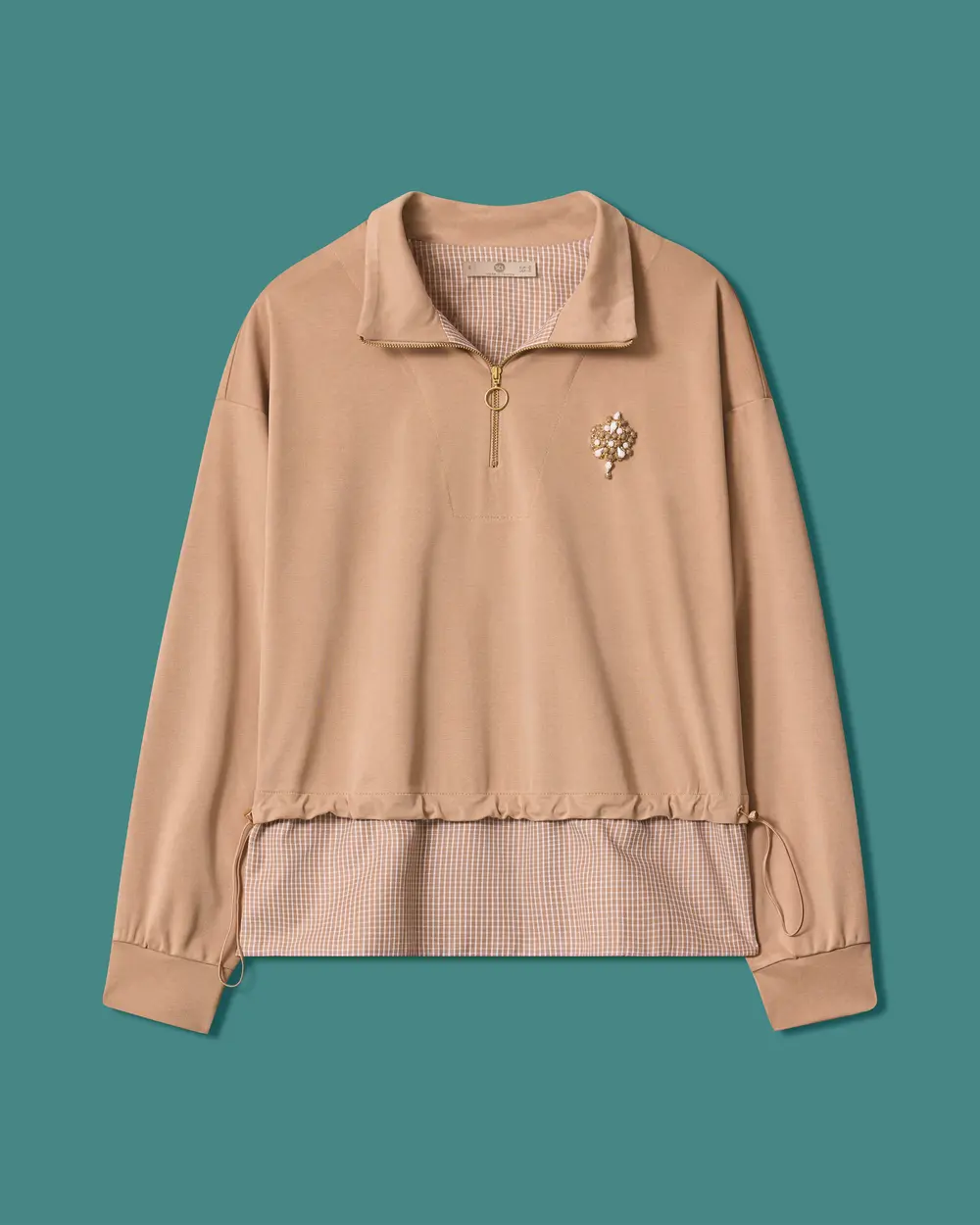 Taşlı Broş ve Ekose Detaylı Fermuarlı Sweatshirt