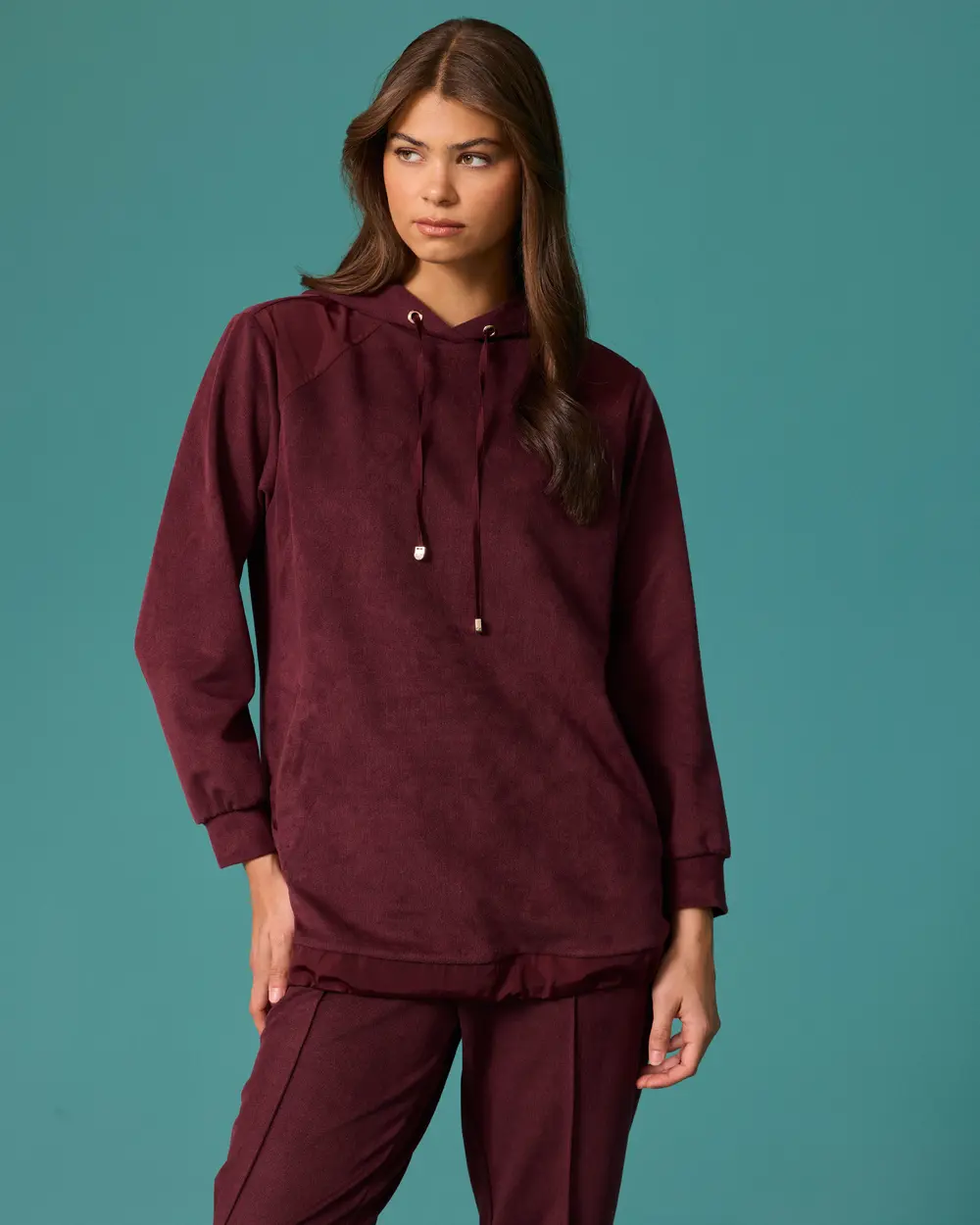 Kapüşonlu Bağcıklı Etek Ucu Garnili Sweatshirt