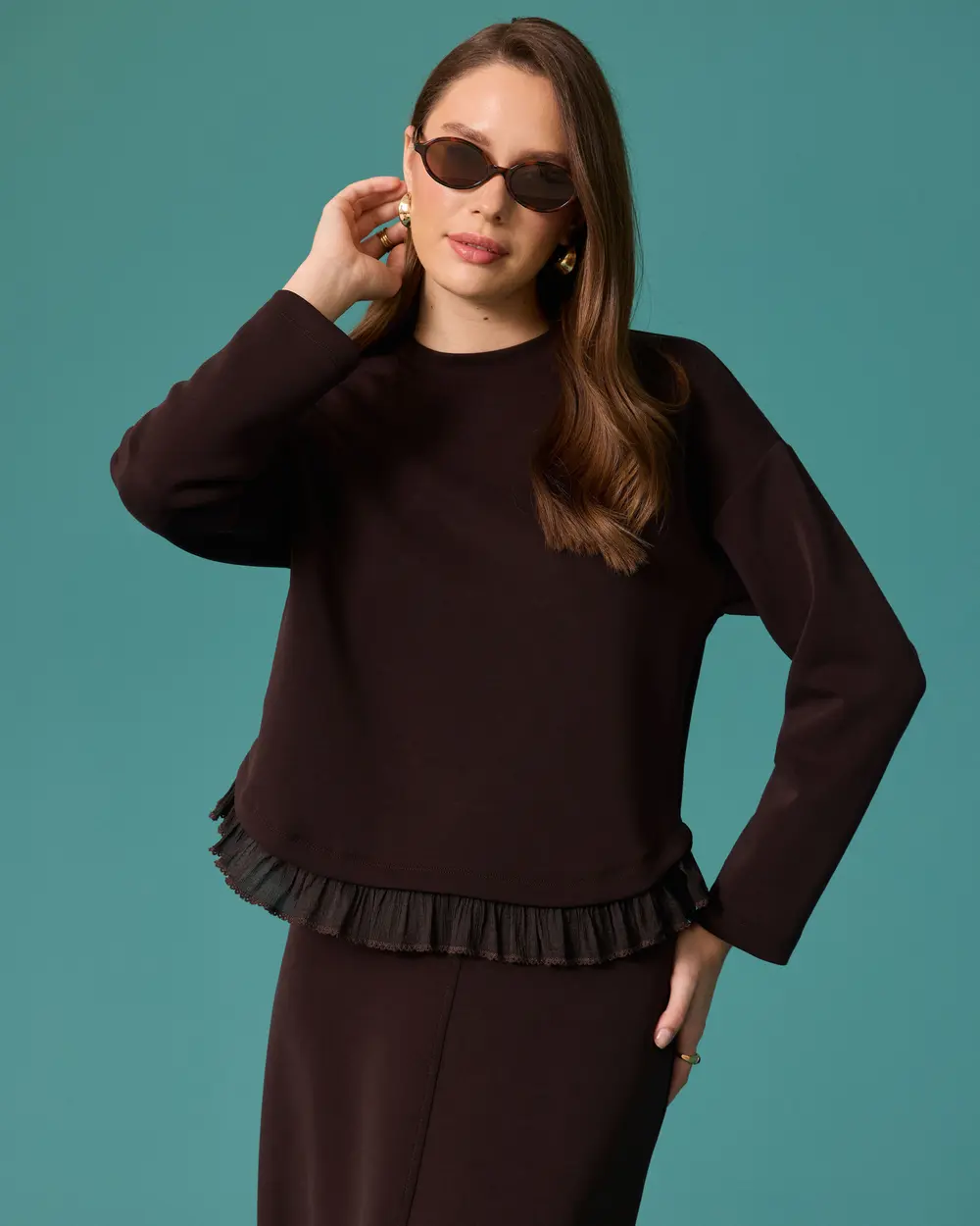 Fırfır Detaylı Bisiklet Yaka Sweatshirt