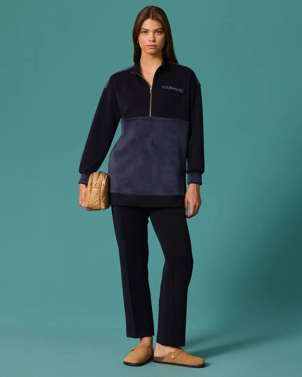 Stand-Up Collar, Zipper, Stone Accents, Two-Tone Sweatshirt