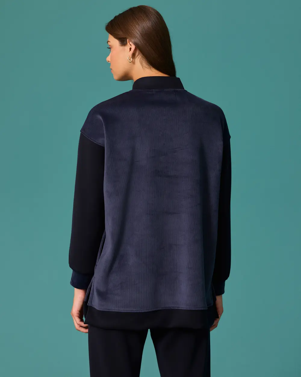 Stand-Up Collar, Zipper, Stone Accents, Two-Tone Sweatshirt