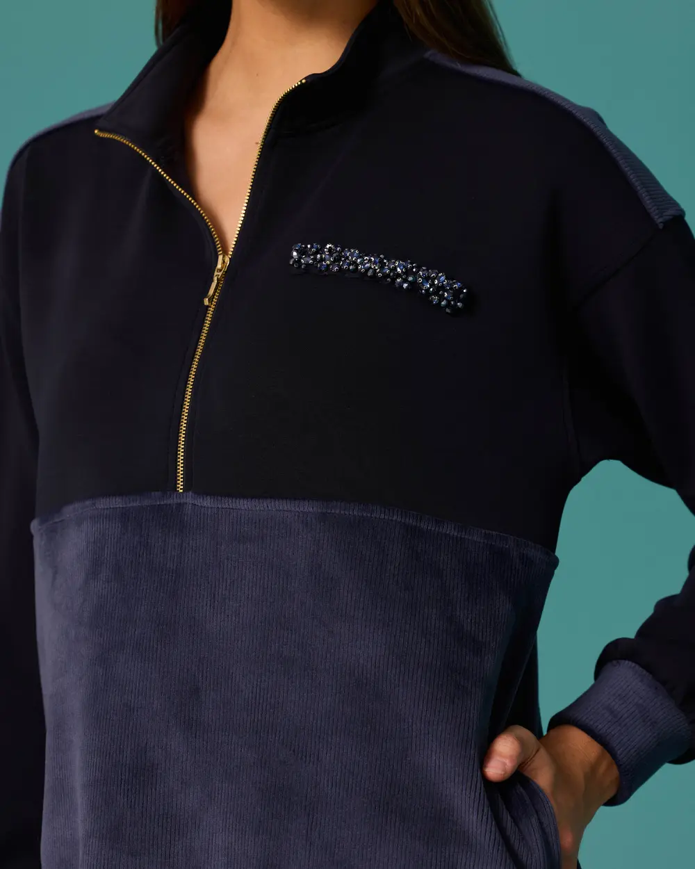 Stand-Up Collar, Zipper, Stone Accents, Two-Tone Sweatshirt