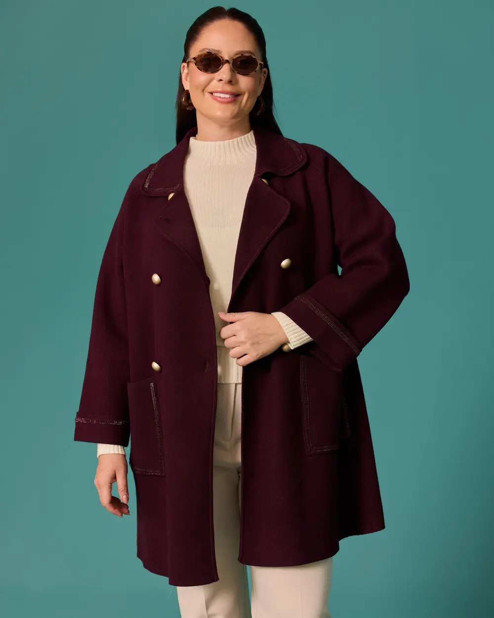 Plus-Size Gold-Buttoned Oversized Cardigan