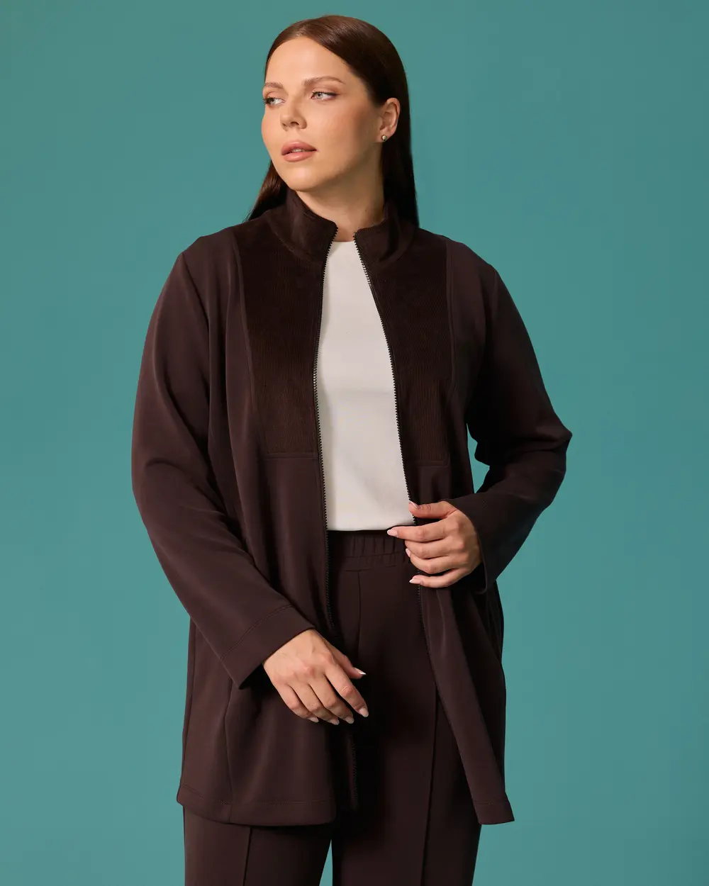 Plus-Size Stand-Up Collar Double-Fabric Cardigan