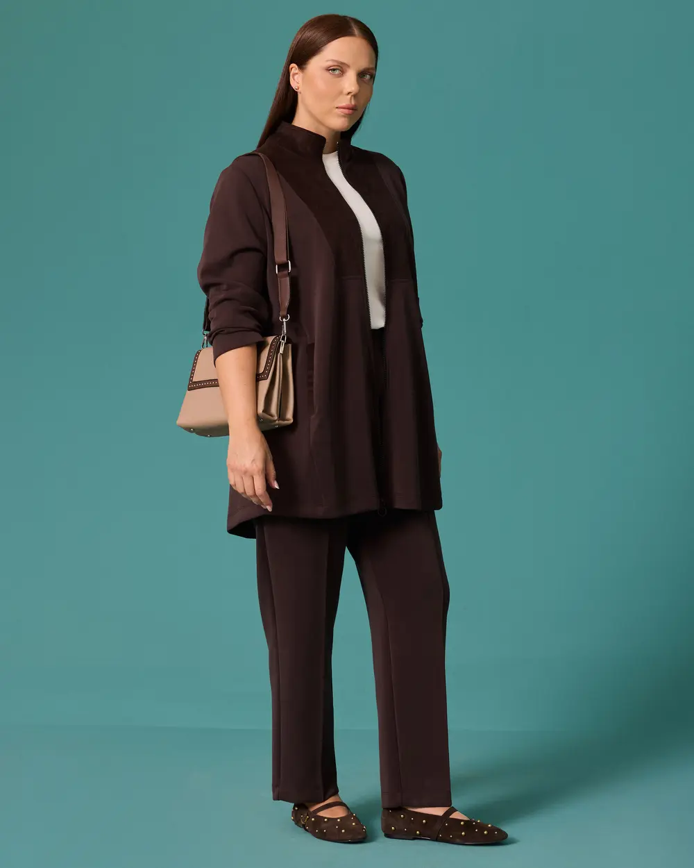 Plus-Size Stand-Up Collar Double-Fabric Cardigan