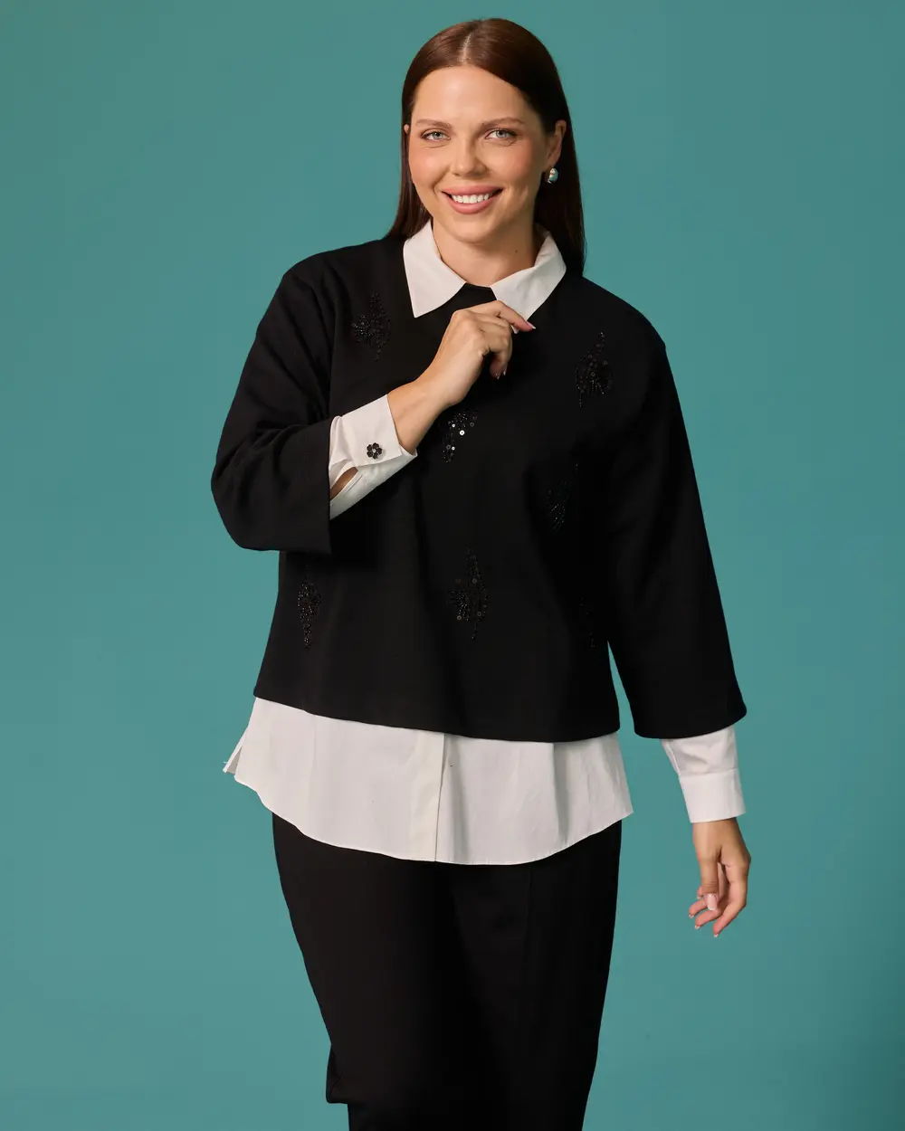 Plus-Size Shirt Set with Stone Accents