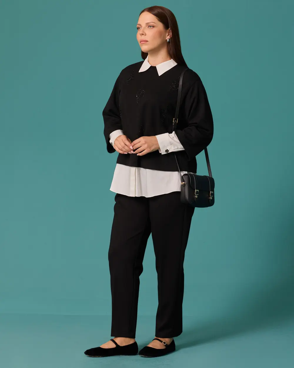 Plus-Size Shirt Set with Stone Accents