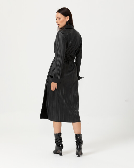 Önden Düğmeli Deri Görünümlü Elbise