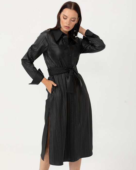 Önden Düğmeli Deri Görünümlü Elbise