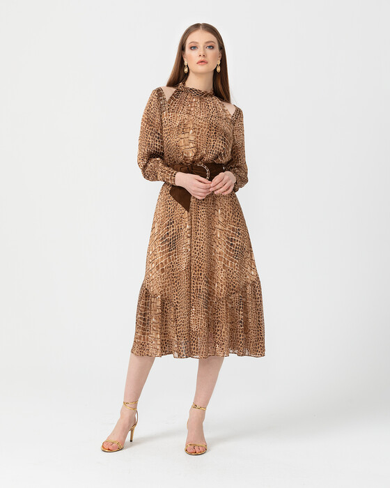 Animal Print Desenli Midi Boy Elbise