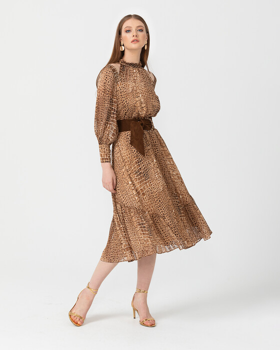 Animal Print Desenli Midi Boy Elbise