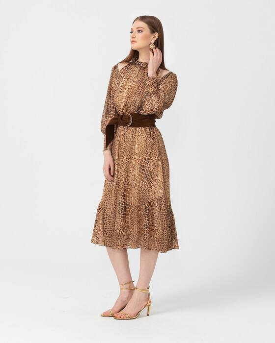Animal Print Desenli Midi Boy Elbise