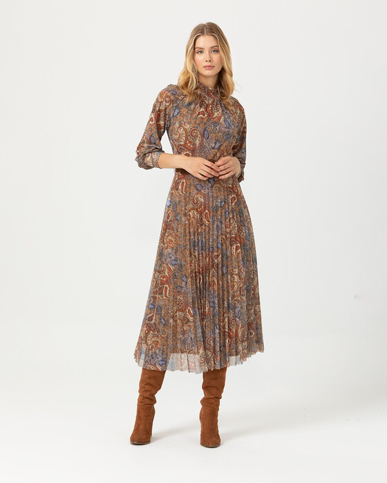 Eteği Pliseli Desenli Elbise