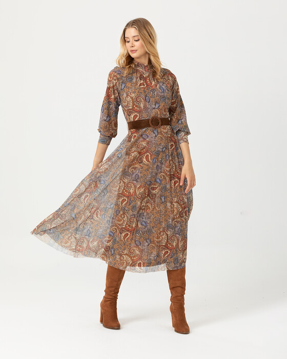 Eteği Pliseli Desenli Elbise