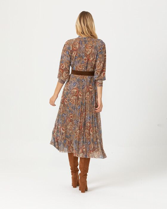 Eteği Pliseli Desenli Elbise