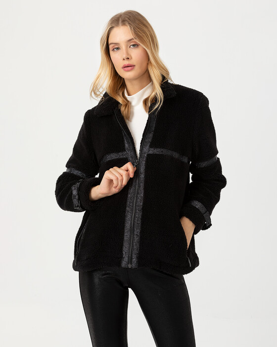 Şerit Geçişli Yumuşak Tüylü Ceket