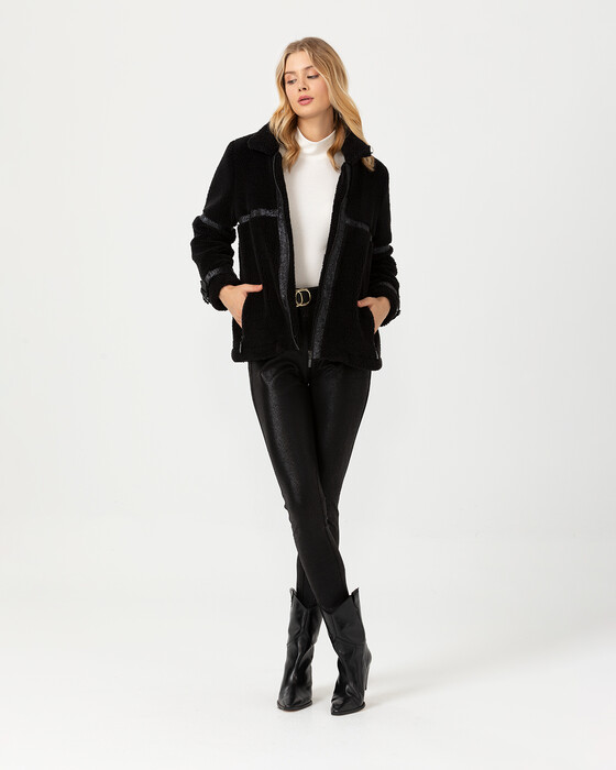 Şerit Geçişli Yumuşak Tüylü Ceket