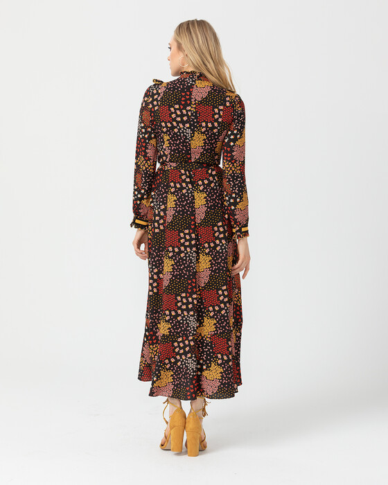 Uzun Kollu Desenli Elbise