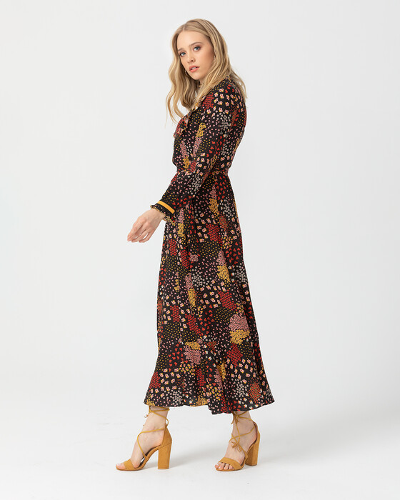 Uzun Kollu Desenli Elbise
