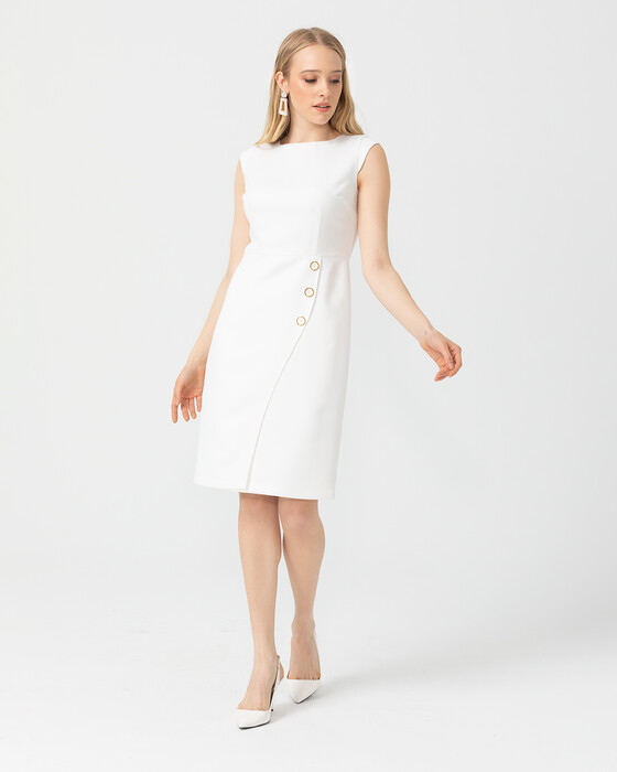 Düğme Detaylı Diz Boyu Elbise