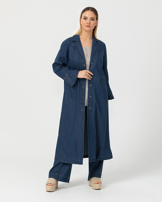 Büyük Beden Cepli Denim Pardesü