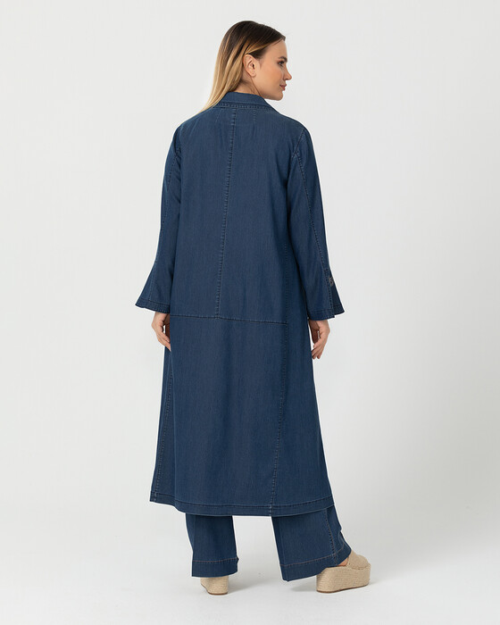 Büyük Beden Cepli Denim Pardesü