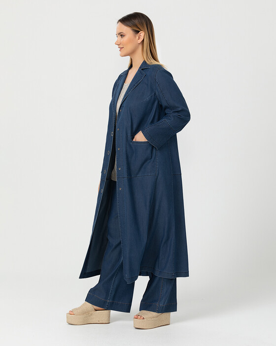 Büyük Beden Cepli Denim Pardesü