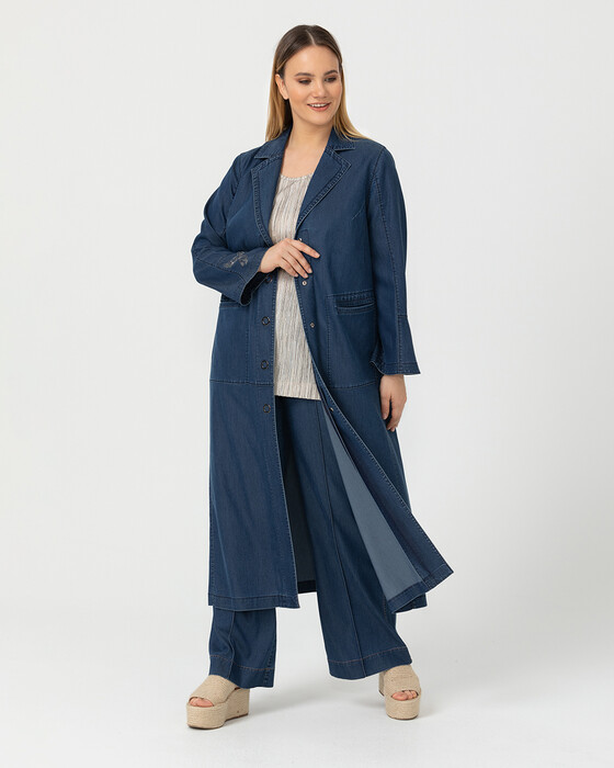 Büyük Beden Cepli Denim Pardesü