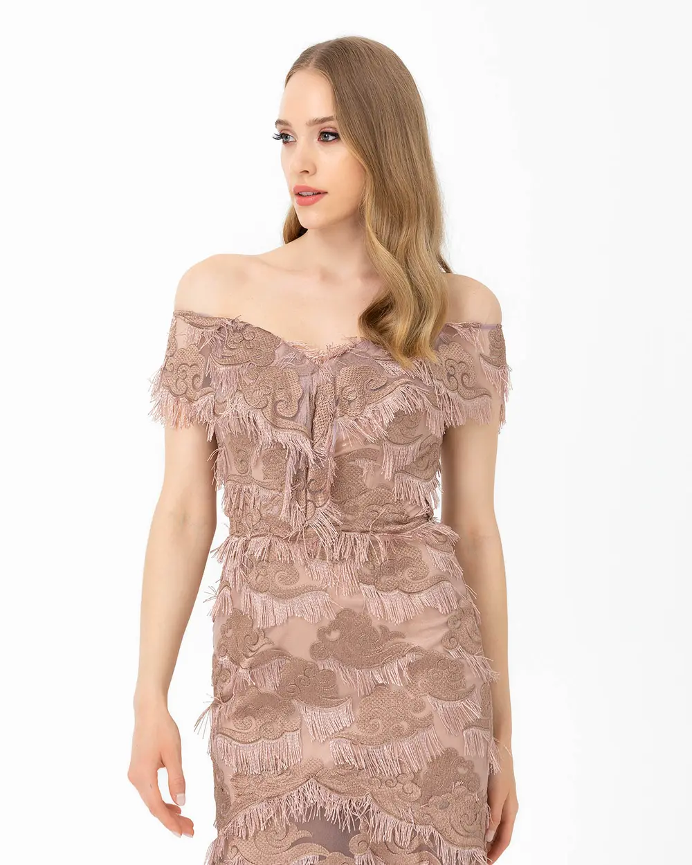 Fish Form Open Shoulder Lace Evening Dress