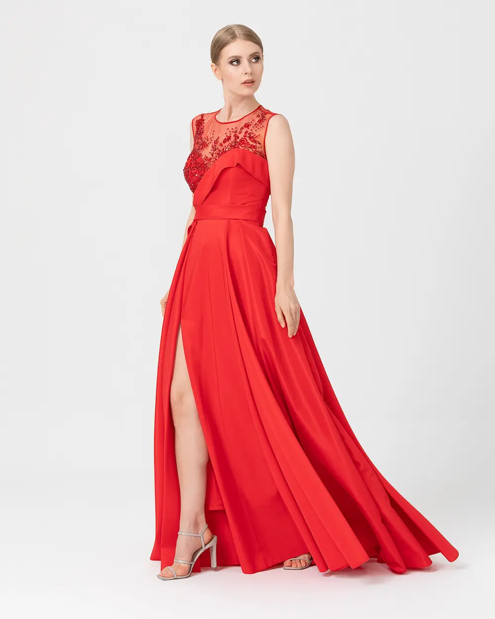 A-Line Transparent Collar Taffeta Evening Dress