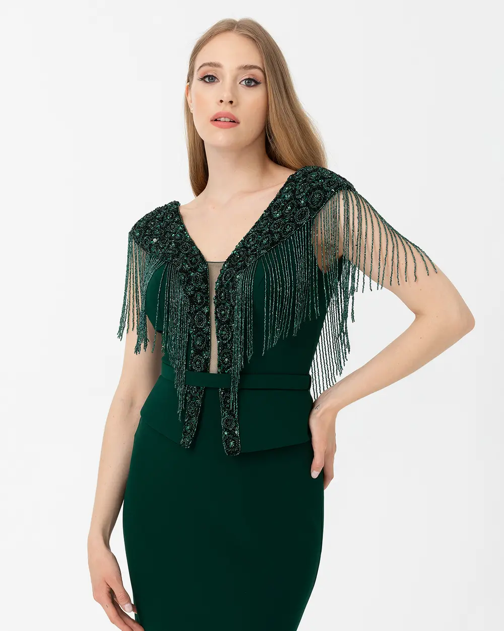 Fish Form V Neck Crepe Evening Dress