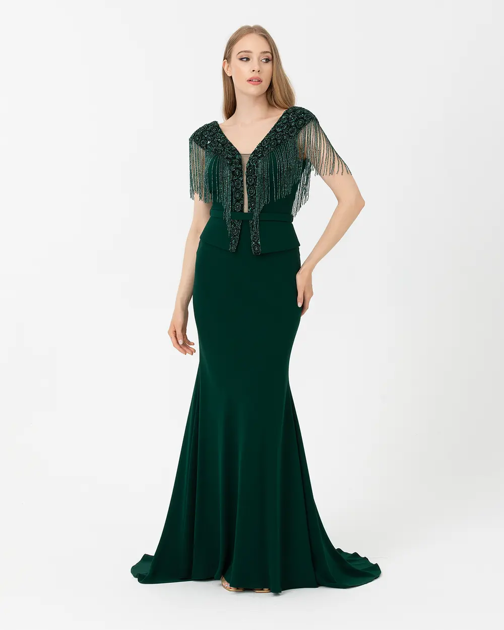 Fish Form V Neck Crepe Evening Dress